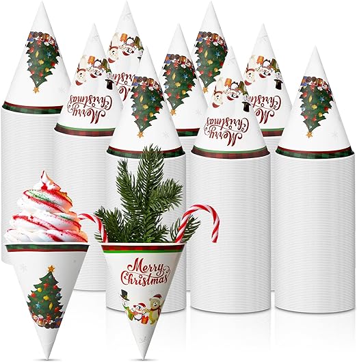 Photo 1 of 200 Pcs 6 oz Christmas Cone Cups Christmas Disposable Water Cup Xmas Party Supplies Candy Design Ice Cream Paper Cone Cups for Kids Christmas Disposable Cups for Drink Water Shaved Ice(Cute)
