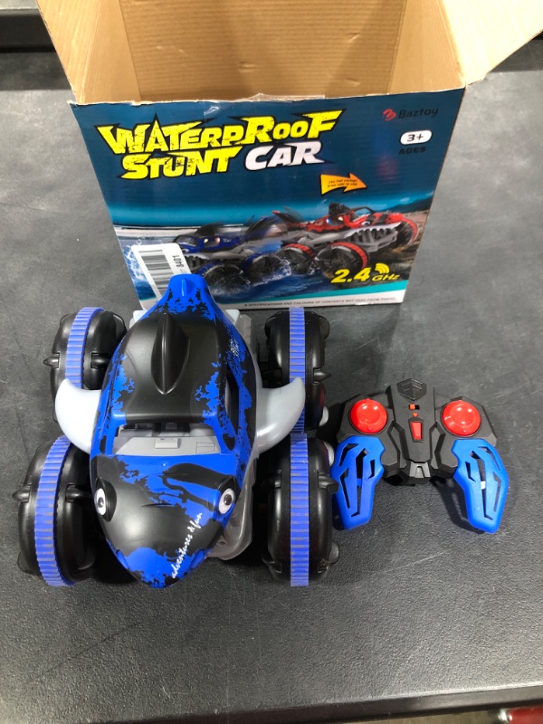 Photo 2 of Amphibious Remote Control Car, RC Cars 2.4 GHz Working on Water, All Terrain Monster Shark Truck Stunt Car, Toys Gift for Boys Girls Age 5 6 7 8 9 10 Blue