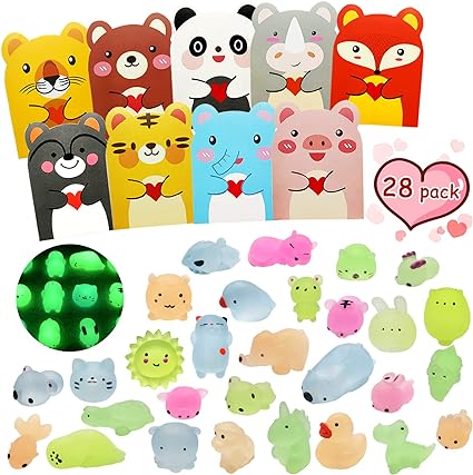 Photo 1 of ALMDA Valentines Day Gifts Cards for Kids: 28 Cute Kawaii Mochi Squishy Animals Toys - Valentine School Classroom Exchange Gift Prizes - Preschool Boys Girls Party Favors Exchang (B)