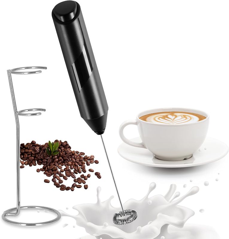 Photo 1 of YSSOA Electric Milk Frother Handheld with Stainless Steel Stand Battery Operated Whisk Drink Mixer for Coffee, Frappe, Latte, Matcha, Hot Chocolate, Black (1 Pack, Black2)
