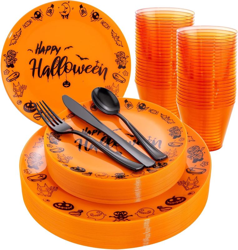 Photo 1 of 150PCS Halloween Plastic Plates - Halloween Party Plates - Orange and Black Plastic Plates Set include 50Plates, 25Forks, 25Knives, 25Spoons, 25Cups for 25 Guests Halloween Party
