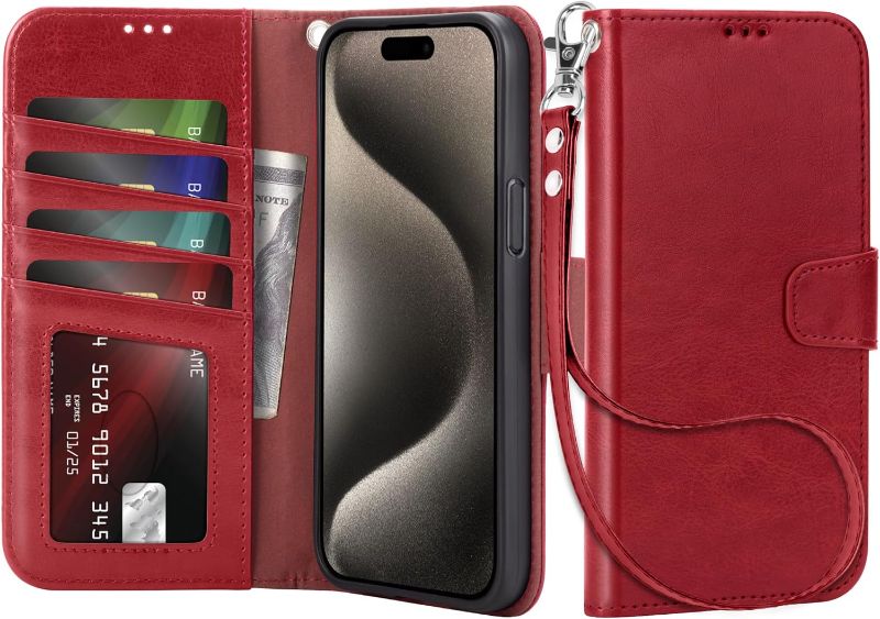 Photo 1 of Compatible with iPhone 15 Pro Max Case Wallet Flip Folio Case [Kickstand] with RFID Blocking Card Holders [Shockproof] and Wrist Strap Phone Cover, Red
