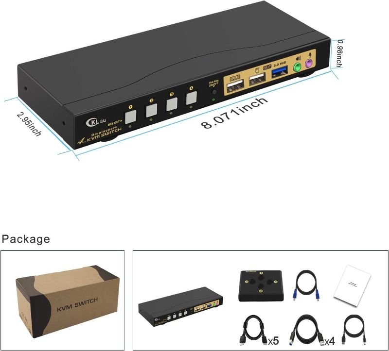 Photo 1 of CKLau 4 Port USB 3.0 Displayport 1.4 KVM Switch 4K@144Hz 8K@30Hz with Audio, Cables for 4 PCs Sharing 1 Monitor and Single Keyboard Mouse
