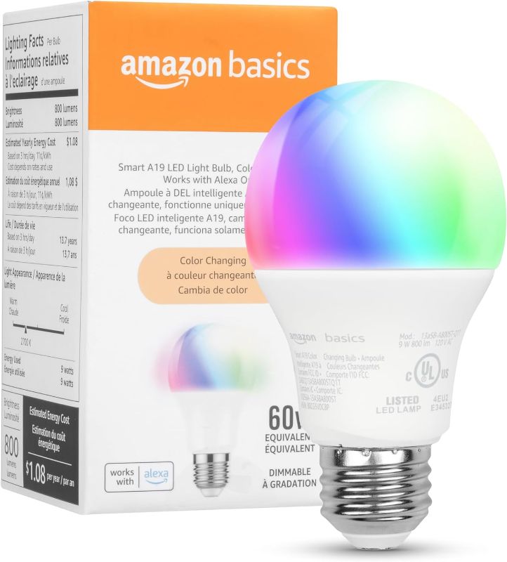 Photo 1 of Amazon Basics - Smart A19 LED Light Bulb, 2.4 GHz Wi-Fi, 9W (Equivalent to 60W) 800LM, Works with Alexa Only, 1-Pack, Multicolor
