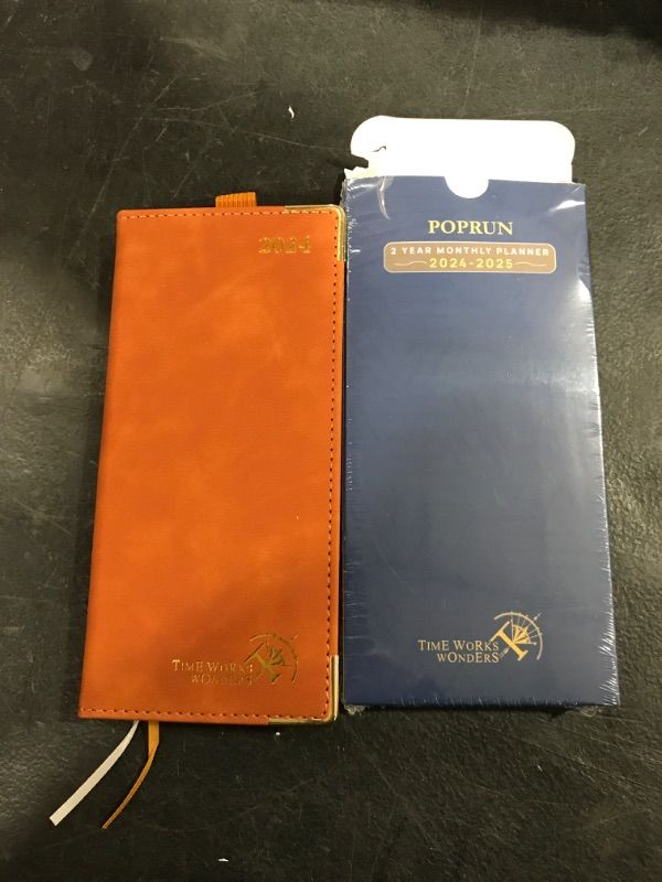 Photo 1 of POPRUN 2 Year Pocket Calendar 2024-2025 Monthly Notebook Planner for Purse 3" x 7" - 4 Pages per Month with Extra Notes, PU Leather Hard Cover, Gold-gilded Page Edges, Brown Brown 24 Months - Monthly Layout - 3'' x 7''