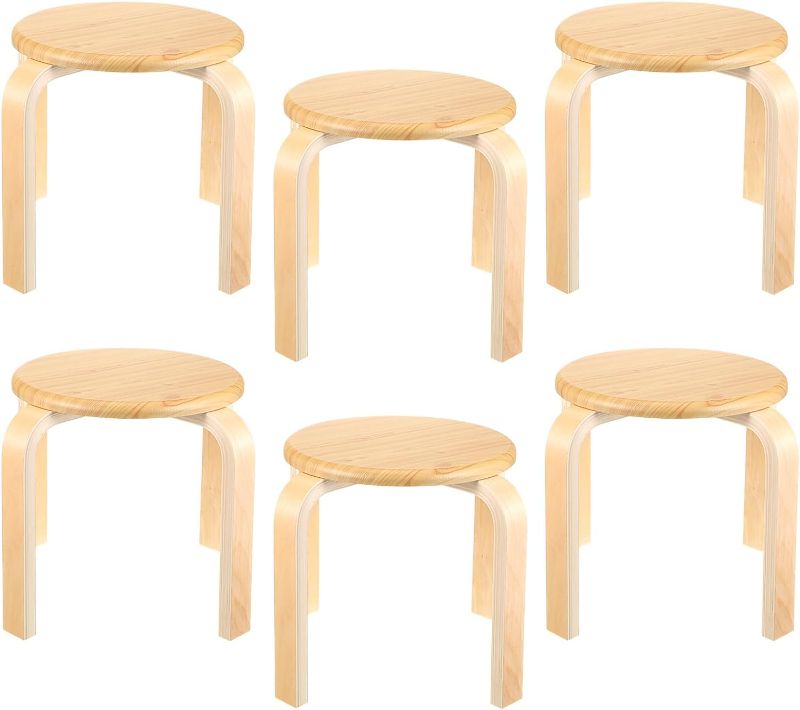 Photo 1 of 6 Pcs Solid Wood Stools for Kids, Wooden Stackable Bentwood Round Top Stools Backless Stools for Office, Classrooms, Dining Room, Kitchen