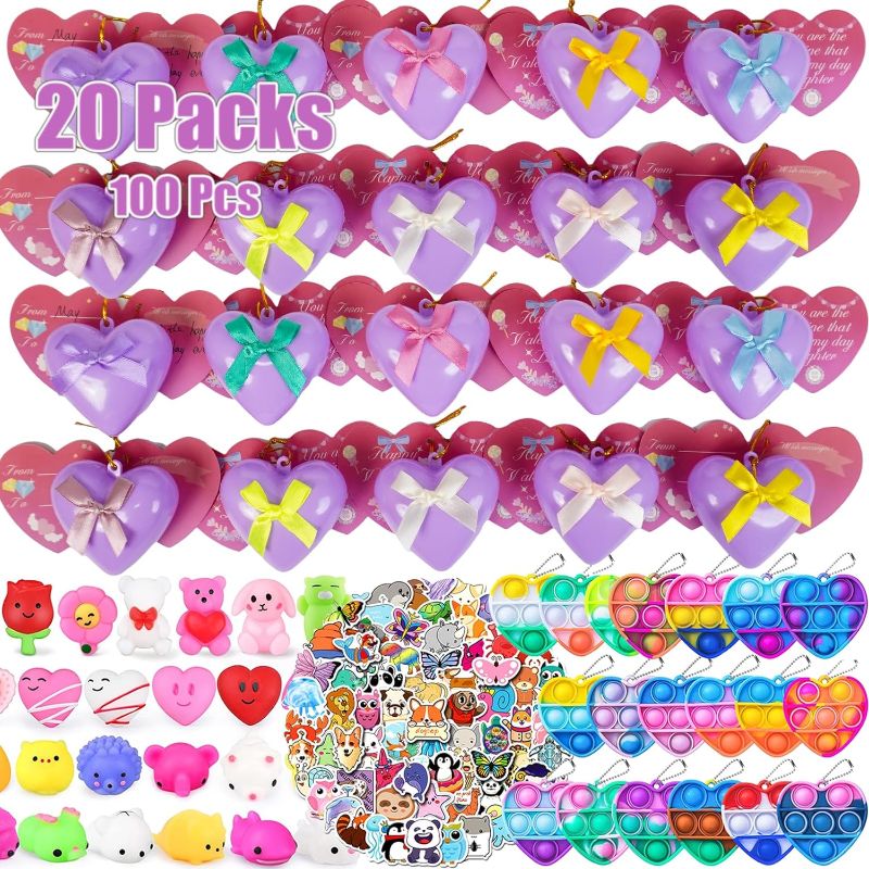 Photo 1 of 20 Packs Premium Valentine Day Gift Cards with Party Favors & Hearts Cases for Kids Valentine Classroom Exchange,Cute Mochi Squishy Toys,Mini Pop Its School Gifts Exchange, Stress Relief Games Prizes
