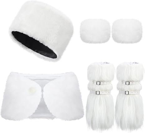 Photo 1 of Capoda 10 Pcs Women Faux Fur Costume Set Gift for Christmas Furry White Warm Cap Faux Fur Soft Collar Shawl Fur Cozy Arm Leg Cover for Girl Women Cold Winter Bridal Shower Party Costume Accessories 