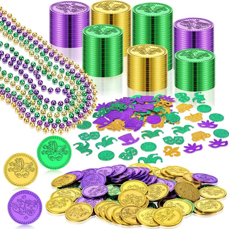 Photo 1 of 206 Pcs Mardi Gras Accessories Bulk Include 100 Mardi Gras Confetti 100 Plastic Coins 6 Mardi Gras Beads Necklace Party Decoration for Kids Birthday Table Decor, Metallic Colors in Gold, Green, Purple 