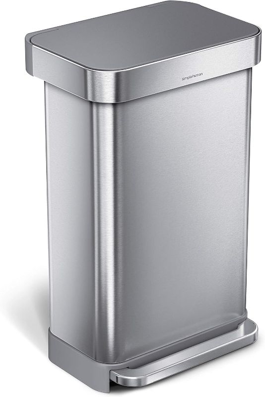 Photo 1 of 
simplehuman 45 Liter / 12 Gallon Liter Rectangular Hands-Free Kitchen Step Trash Can with Soft-Close Lid, Brushed Stainless Steel with Plastic Lid