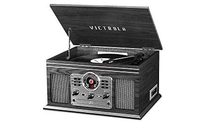 Photo 1 of Victrola Nostalgic 6-in-1 Bluetooth Record Player & Multimedia Center, Grey with Victrola Wooden Stand for Wooden Music Centers with Record Holder Shelf, Black & Victrola Wooden Record Crate, Black -- PARTIAL SET --- STAND NOT INCLUDED