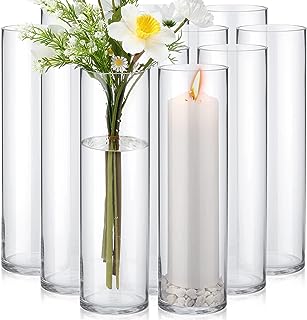 Photo 1 of 12 Pack Glass Cylinder Vases Set Clear Flower Vase Tall Floating Candle Holders Bulk for Centerpiece Table Home Wedding Decorations Dinners (4 x 14 Inch)
