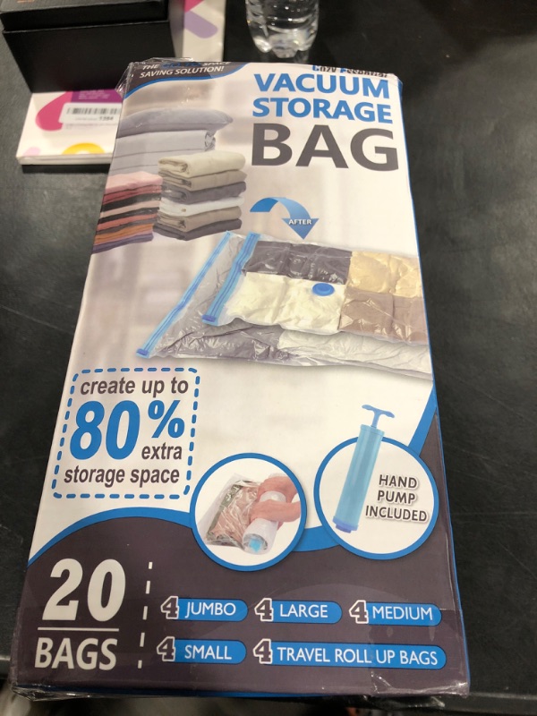 Photo 2 of 20 Pack Vacuum Storage Bags, Space Saver Bags (4 Jumbo/4 Large/4 Medium/4 Small/4 Roll) Compression for Comforters and Blankets, Sealer Clothes Storage, Hand Pump Included
