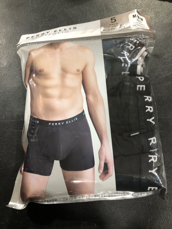 Photo 1 of Perry Ellis Men's Cotton Stretch Boxer Briefs, Tagless, No Roll Waistband, 5 Pack Medium Black