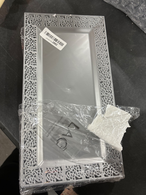 Photo 2 of Elegant Lace Plastic Serving Trays (6 PC), Disposable Plastic Trays and Platters for Party - 14” x 7.5”, Serves Snacks, Charcuterie, Desserts, Sweets, Perfect for Upscale Wedding, and Dining - Silver Silver 6 PC