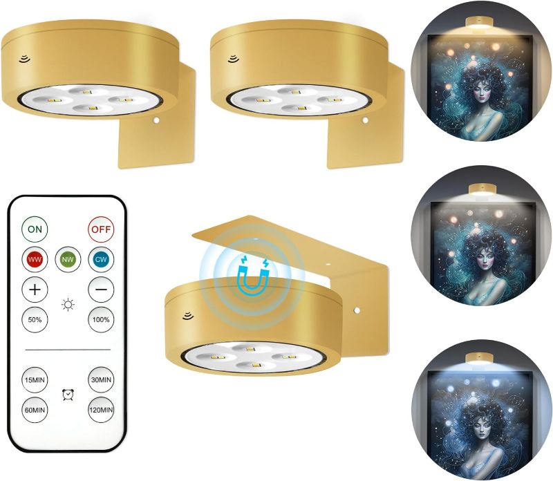 Photo 1 of 3Pcs Battery Operated Picture Light, Magnetic Led Painting Light with Remote Dimmable and Timer, 3 Lighting Modes Art Display Light for Picture Frame Paintings, Wireless Wall Decor Puck Lights, Gold Gold 3-Pack