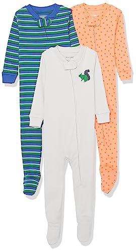 Photo 1 of Amazon Essentials Unisex Babies' Snug-Fit Cotton Footed Sleeper Pajamas, Pack of 3, Blue Green/Grey/Orange - Footed, 3-6 Months
