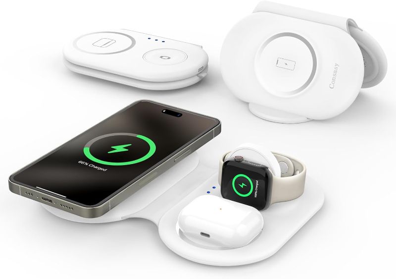 Photo 1 of 3 in 1 Wireless Charging Station, Magnetic Wireless Charger, Foldable Charger 3 in 1, Travel Charger for iPhone 15/14/13/12 Series, AirPods Pro/3/2, iWatch 2-9/Ultra, White
