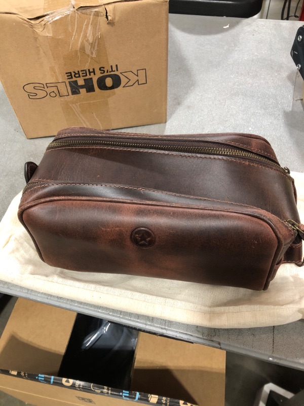 Photo 2 of 10" Premium Leather Toiletry Travel Pouch With Waterproof Lining King-Size Handcrafted Vintage Dopp Kit By Aaron Leather Goods (Walnut - Dual Zipper)