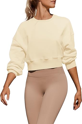 Photo 1 of ZESICA Women's 2024 Crop Sweatshirts Casual Long Sleeve Crewneck Solid Color Y2K Fleece Loose Pullover Sweatshirt Tops 