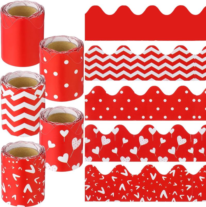 Photo 1 of 10 Rolls 164 ft Valentine's Day Scalloped Bulletin Board Borders 5 Styles Rolled Bulletin Board Decorations Border Trim Scalloped Classroom Borders for Bulletin Board, White Board(Red)
