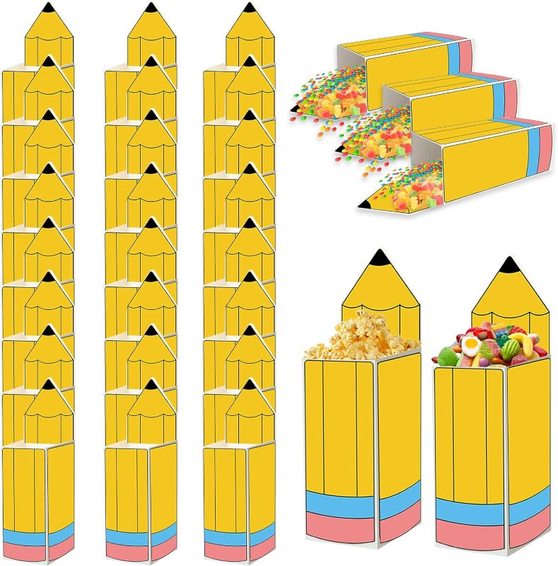 Photo 1 of 24 Pcs Back to School Pencil Popcorn Holders, Thanks Teacher Candy Boxes, Teacher Gift Bags, Party Favors Welcome Back to School Treat Boxes for Thanks Teacher School Classroom Decorations 