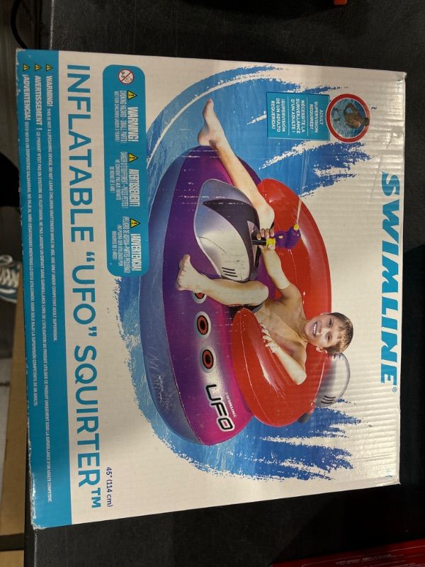 Photo 1 of SWIMLINE ORIGINAL Inflatable UFO Spaceship Pool Float Ride On With Fun Constant Flow Laser Ray Gun Water Squirter For Kids , Cool Retro Style, For Beach Ocean Pool Lake , Extra Thick Large Floatie Swimline UFO Spaceship Squirter