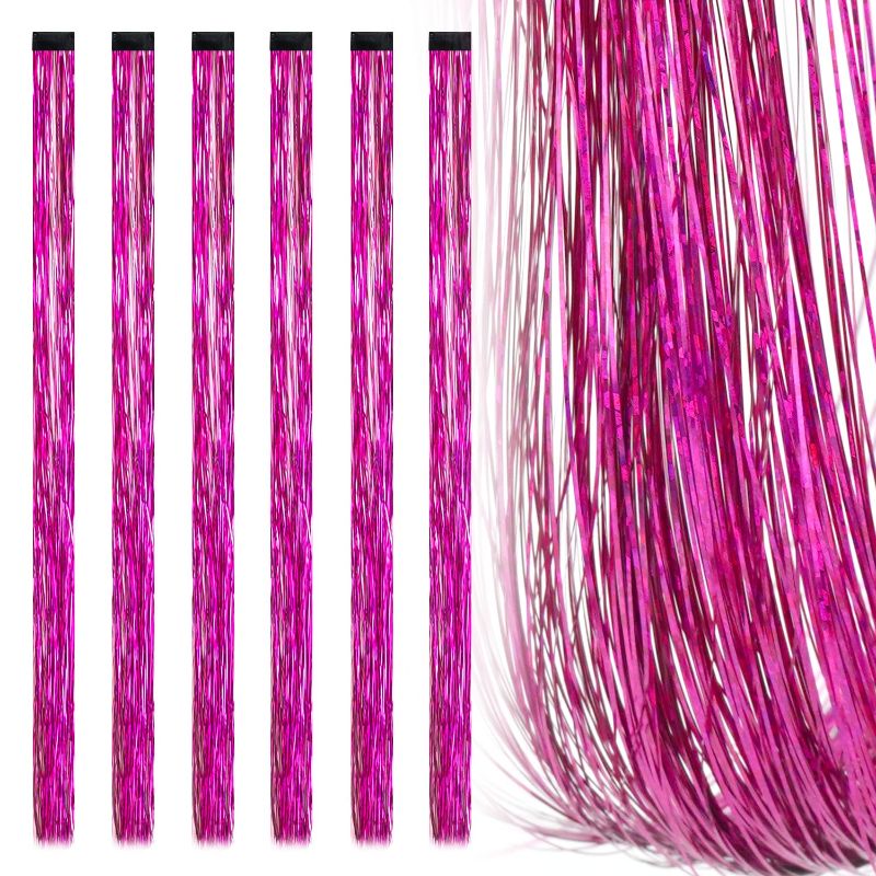 Photo 1 of 19.7 Inch Clip In Hair Tinsel Fairy Hair Tinsel Kit Clips Clip On Glitter Hair Tinsel Extensions (Rose) 2 Pack
