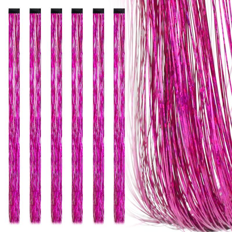 Photo 1 of 19.7 Inch Clip In Hair Tinsel Fairy Hair Tinsel Kit Clips Clip On Glitter Hair Tinsel Extensions (Rose) 2 Pack