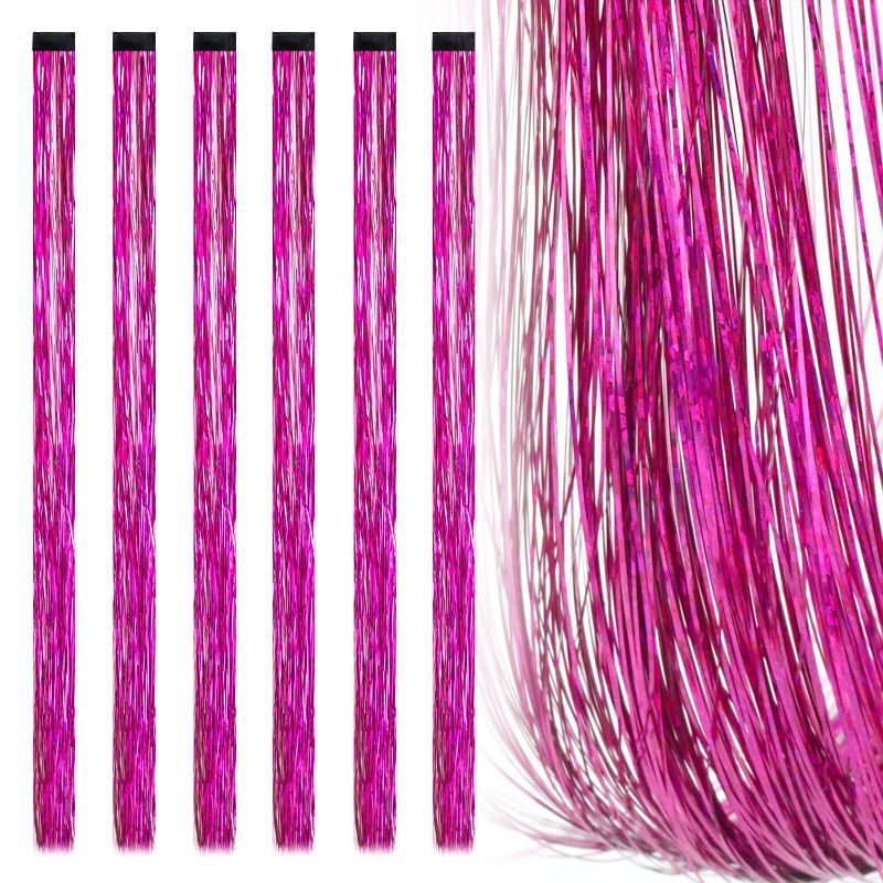 Photo 2 of 19.7 Inch Clip In Hair Tinsel Fairy Hair Tinsel Kit Clips Clip On Glitter Hair Tinsel Extensions (Rose) 2 Pack 
