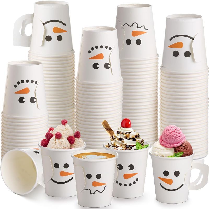 Photo 2 of 150 Pcs Snowman Paper Cups with Handle 9 oz Disposable Winter Cups Snowman Coffee Cups Winter Party Holiday Cup Winter Cold Hot Drink Cups for Drinkware Party Supplies Daily Use
