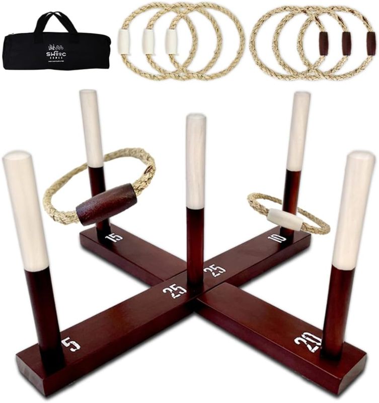 Photo 1 of SWOOC Games - Rustic Ring Toss Outdoor Game (All Weather) - 15+ Games Included - Vintage Wood & Rope Ring Toss Yard Game with Wide Grip Handles and Carrying Case - Yard Toss Game for Kids & Family
