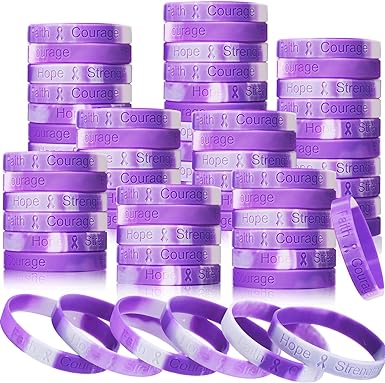 Photo 1 of 150 Pcs Purple Ribbon Cancer Awareness Bracelets Silicone Ribbon Wristbands Silicone Bracelet Purple Awareness Item Gifts for Alzheimers Lupus Pancreatic Cancer Women Men Hope Strength Faith Courage
