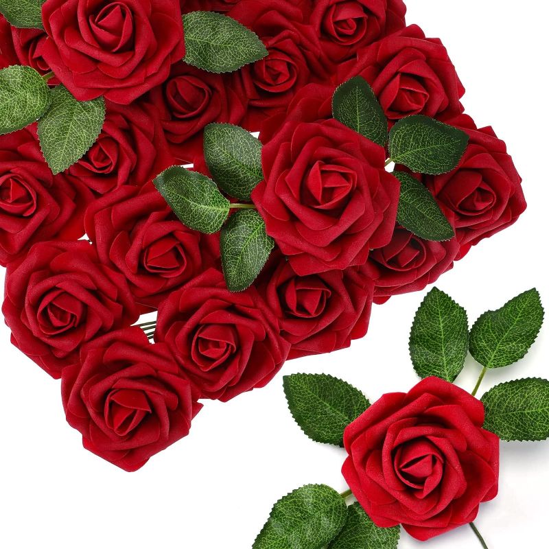 Photo 1 of 150 Pieces Artificial Red Roses Bulks Fake Roses Flowers for DIY Wedding Bouquets Valentine's Day Party Holiday Baby Shower Home Decorations (Wine Red)