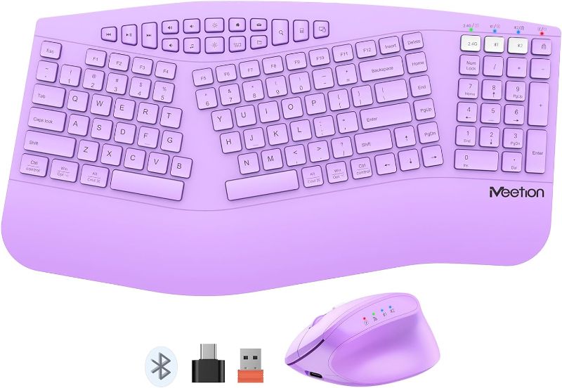 Photo 1 of MEETION New Ergonomic Keyboard and Mouse, Multi-Device Bluetooth Keyboard and Mouse with Wrist Rest, 3 DPI Adjustable Full-Sized Cordless Split Keyboard and Mouse, for PC/Computer/Laptop/Window,Purple
