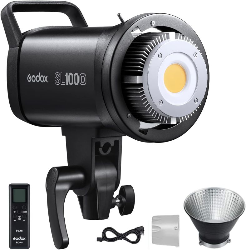 Photo 1 of Godox SL100D Daylight LED Video Light, 100W 5600K 32100Lux @1M CRI 96+TLCI 97+ Bowens Mount COB LED Continuous Light, 8 FX Effects 0-100% Brightness Studio Light with RC-A6 Remote
