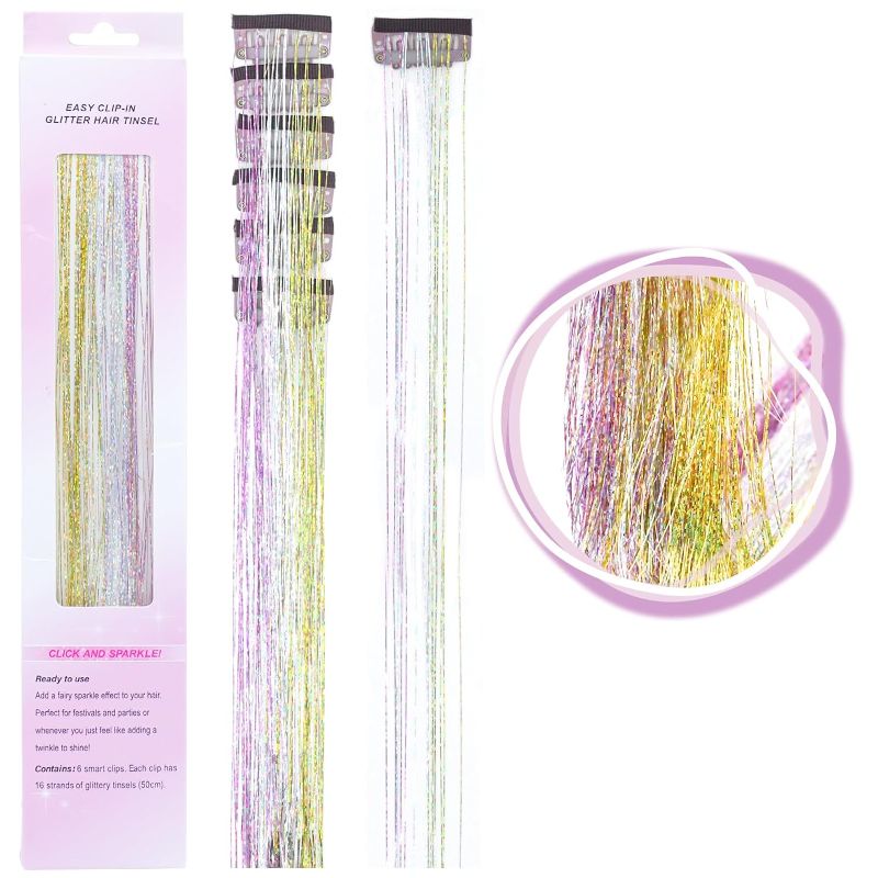 Photo 1 of 6pcs Clip In Hair Tinsel For Women Girls, Champagne Hair Tinsel, 20.8 inch Heat Resistant Fairy Hair Tinsel Kit, Glitter Sparkling Shiny Hair Extensions For Party Festival Gift