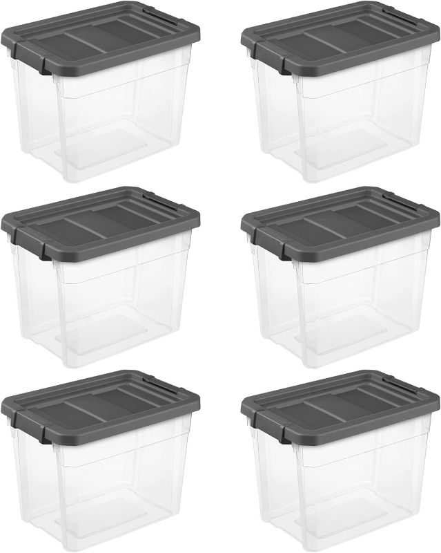 Photo 1 of 
Sterilite 30 Quart Plastic Stacker Box, Lidded Storage Bin Container for Home and Garage Organizing, Shoes, Tools, Clear Base & Gray Lid, 6-Pack