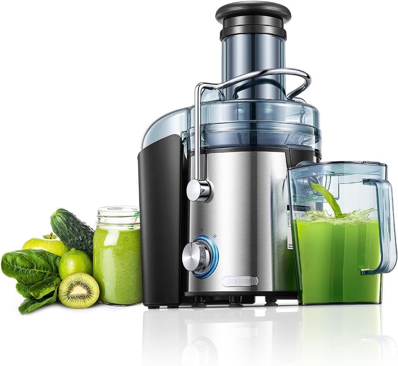 Photo 1 of  Juicer Machines, FOHERE 1000W Juicer Whole Fruit and Vegetables, Quick Juicing Easy to Clean, 75MM Large Feed Chute, Dual Speed Setting and Non-Slip Feet, Silver 