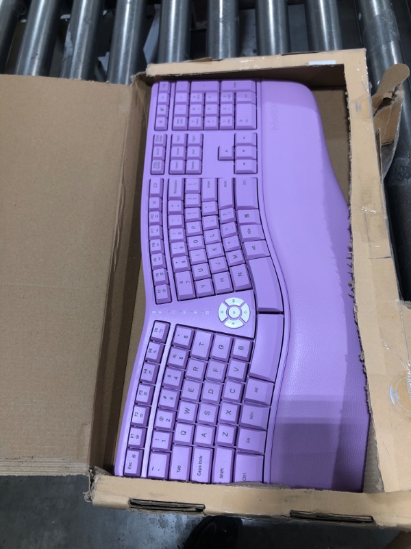 Photo 2 of MEETION Ergonomic Keyboard, Split Wireless Keyboard with Cushioned Wrist, Palm Rest, Curved, Natural Typing Full Size Rechargeable Keyboard with USB-C Adapter for PC/Computer/Laptop/Windows/Mac,Purple