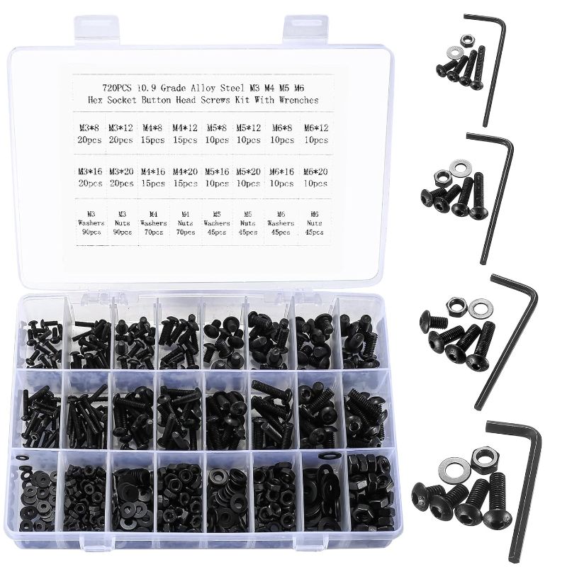 Photo 1 of 720 Pcs Hex Button Socket Head Cap Screws Bolts and Nuts and Washers Assortment Kit, Black Alloy Steel Machine Screws Nuts and Bolts and Flat Washers Set - 4# 8# 10# 1/4
