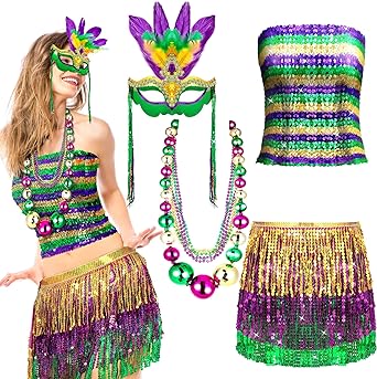 Photo 1 of 10 Pcs Mardi Gras Costume Outfit Accessories Women Sequin Tube Wrap Skirt Feather Mask Jumbo Necklace Bead
