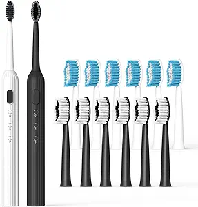 Photo 1 of 2 Pack Electric Toothbrush with 12 Dupont Brush Heads, 3 Modes 4000vpm, IPX7 Waterproof, Travel Electric Toothbrush for Adults and Kids Black+White
