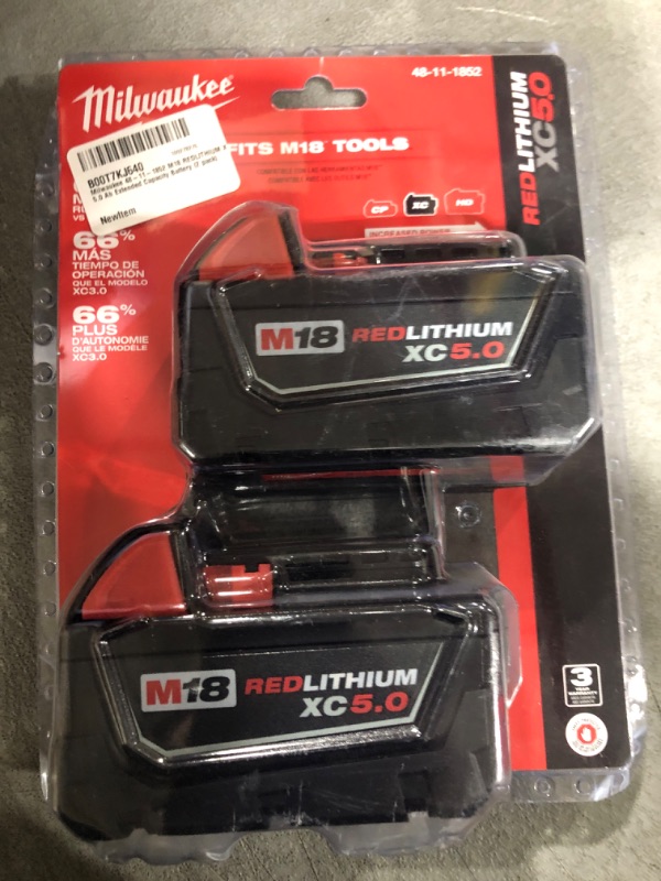 Photo 2 of Milwaukee 48-11-1852 M18 REDLITHIUM XC 5.0 Ah Extended Capacity Battery (2 pack)