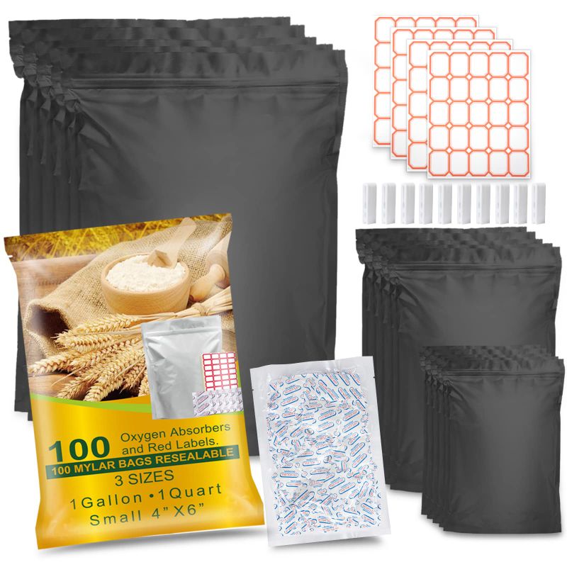 Photo 1 of 100Pack Mylar Bags 2 Sides Stand-Up Food Storage Bags with 100 Oxygen Absorbers 300cc - 1 Gallon 4 Mil 10"x14", 6"x9", 4"x6" - Resealable Bags for Packaging Product100 Sticker