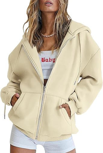 Photo 1 of ATHMILE Womens Zip Up Y2K Hoodies Long Sleeve Fall Oversized Casual Sweatshirts Jacket with Pocket Apricot / size xl 