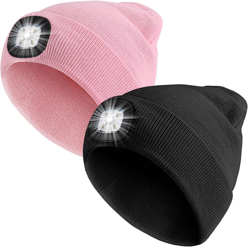 Photo 1 of 2 Pack LED Beanie Hat with Light,USB Rechargeable Headlight Cap,Unisex Knit Lighted hat for Men and Women (Pink & Black)
