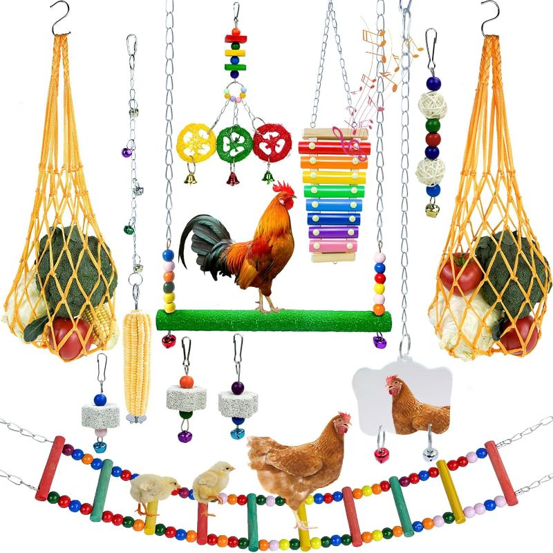 Photo 1 of 12PCS Longer Chain Chicken Toys for Coop Accessories,Xylophone Swing Flexible Ladder String Bag Vegetable Fruits Skewer Mirror Grinding Stone Pecking for Hens Bird Parrot
