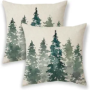 Photo 1 of  Watercolor Green Tree Pillow Covers 18x18, Rustic Nature Forest Throw Pillows for Couch, Christmas Decorative Cushion Covers 2 Pcs Soft Farmhouse Square Linen Pillowcase for Home Sofa Bed Outdoor
