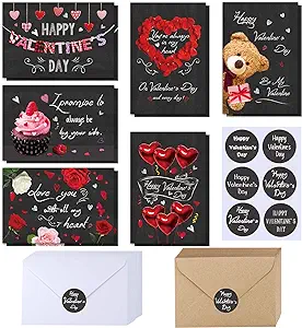 Photo 1 of 120 Sets Valentine's Day Cards with Envelopes Stickers Assortment Bulk 6 Designs of Blank Vintage Heart Bear Rose Chalkboard Valentines Cards Greeting Cards 4 x 6 for Her Him Valentine's Day